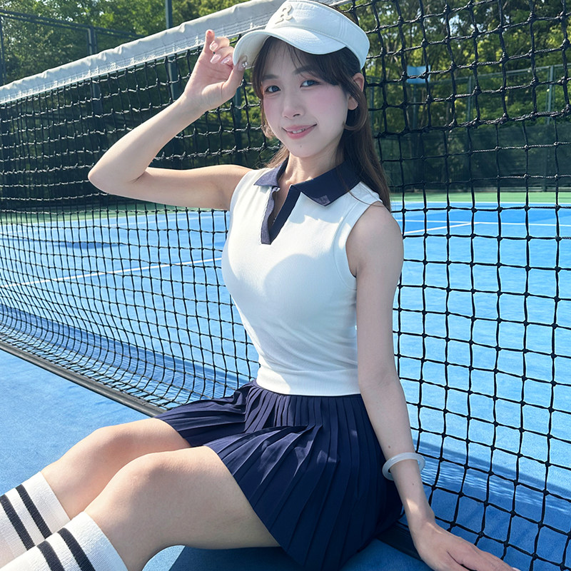 加长版网球服运动户外跑步羽毛球服女翻领T恤健身背心上衣一体杯