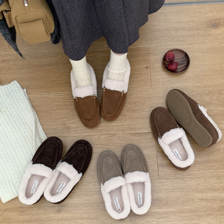 BULAGE冬季羊羔毛保暖乐福鞋女加绒一脚蹬小皮鞋平底休闲毛毛单鞋