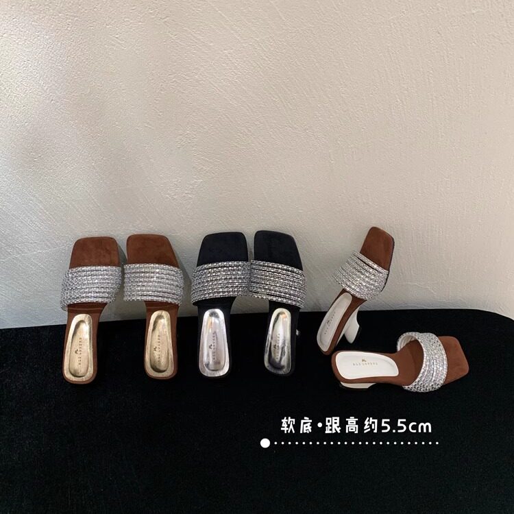 AL阿里情人方头链条水钻高跟鞋女夏季外穿气质绒面一字粗跟凉拖鞋图片