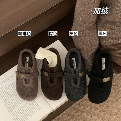 OKLEIBO冬季加绒勃肯鞋女内增高玛丽珍毛毛鞋外穿复古平底棉单鞋