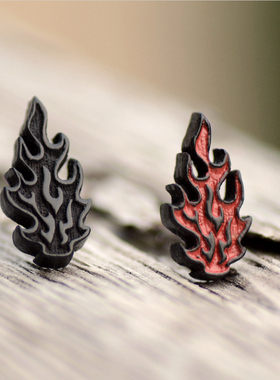 火焰 檀木耳钉925银针简约男个性女街头潮酷中式国风单只创意耳饰