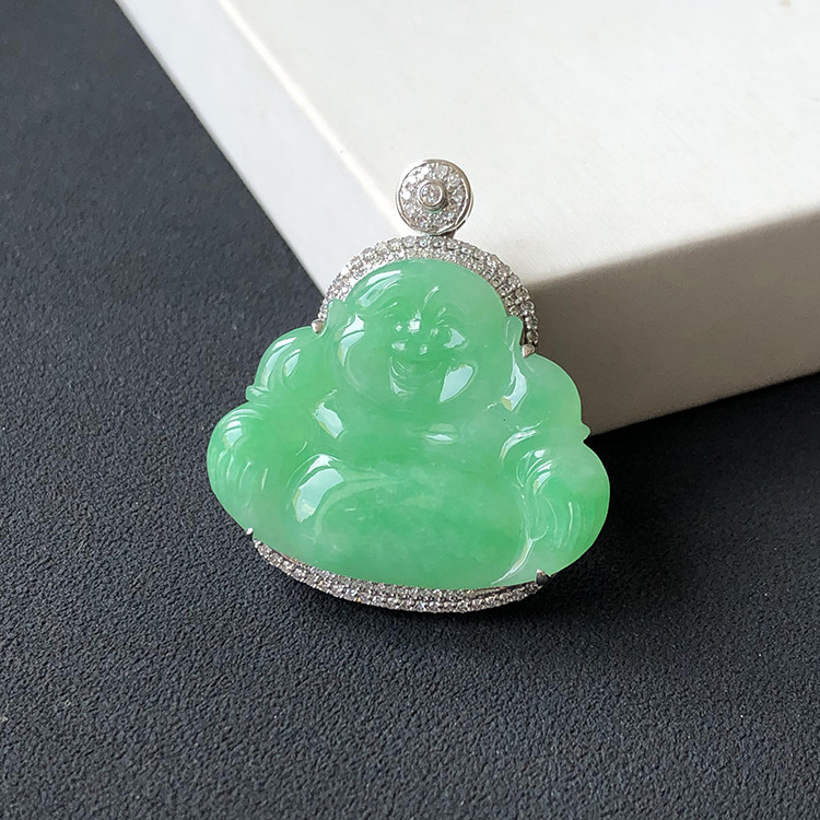 18k金镶钻辣绿佛公 大艺珠宝甜阳绿果绿缅甸天然翡翠a货笑佛吊坠
