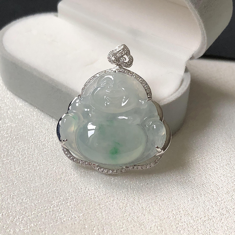 18k金镶钻冰阳绿佛公高冰种