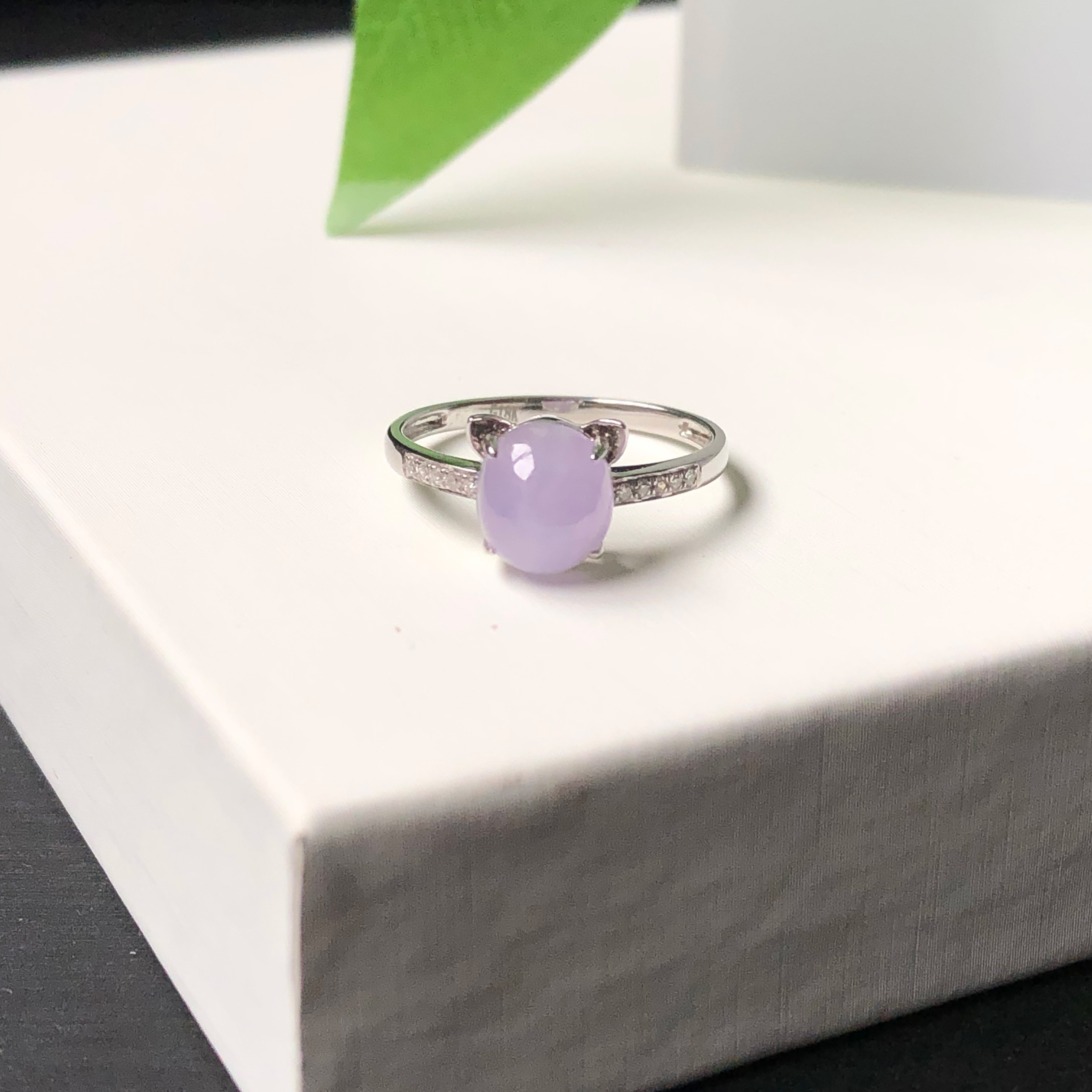 大艺珠宝18k金镶钻冰种冰紫色翡翠蛋面缅甸天然翡翠a货玉石戒指女