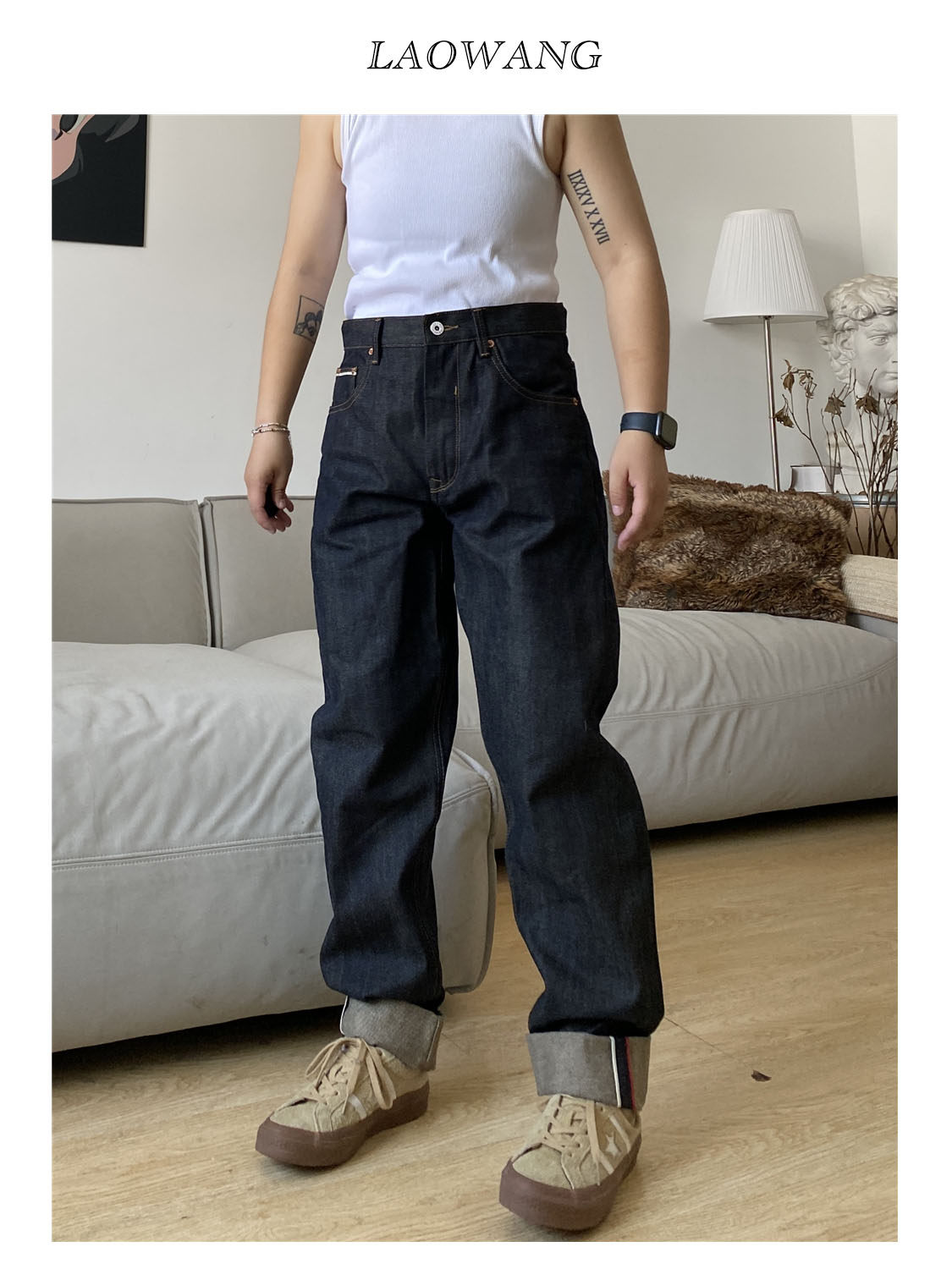 laowang春季新款复古赤耳丹宁原色牛仔裤男士直筒宽松休闲长裤