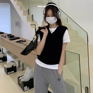 复古慵懒风毛衣马甲女春秋V领叠穿针织衫 新款 小背心坎肩外搭马夹