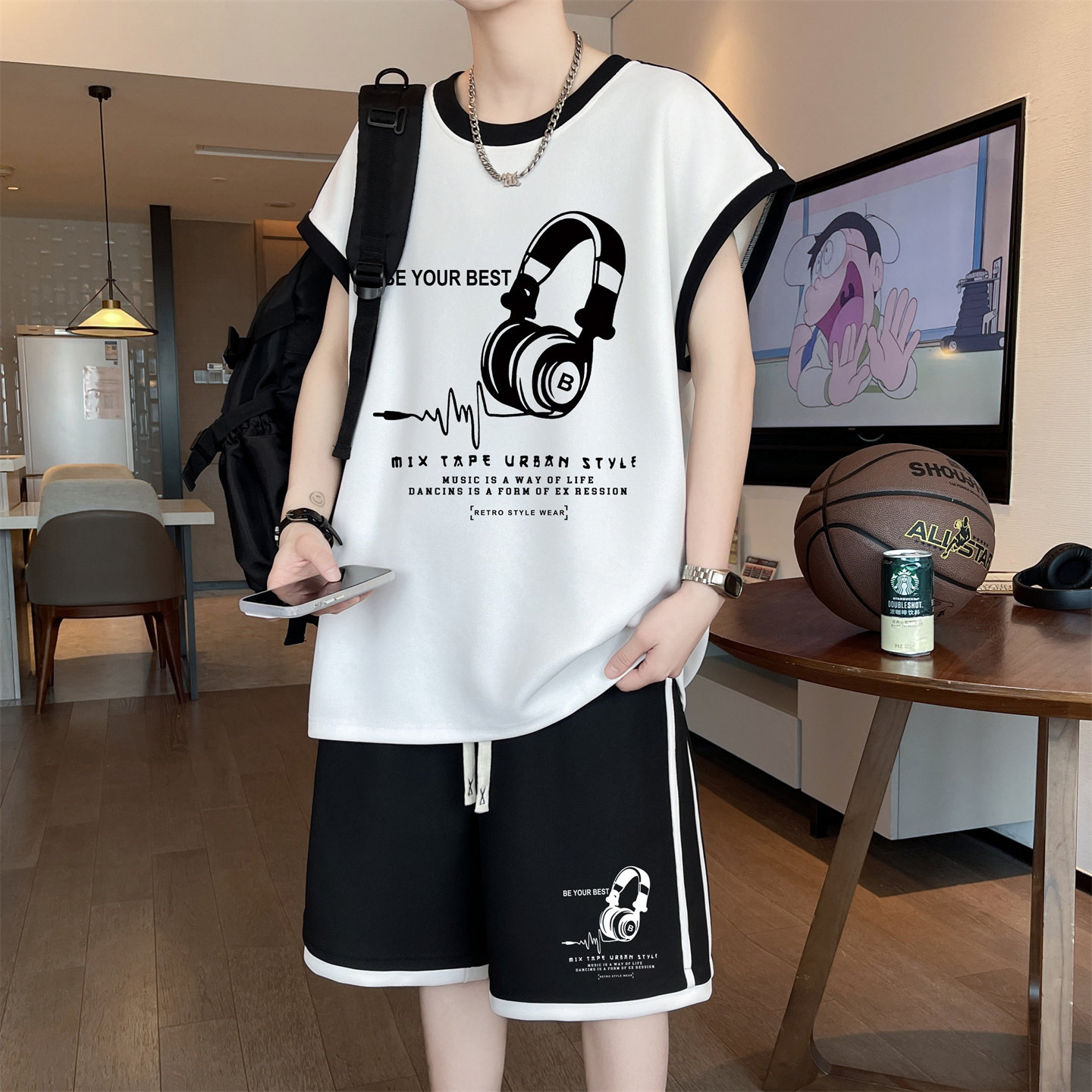 青少年无袖t恤男孩衣服高初中学生帅气夏装大童薄款冰丝运动套装