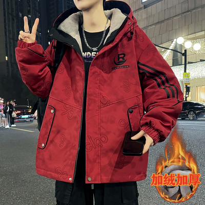 秋冬季新款棉衣外套男初中高中学生加绒加厚青少年连帽冲锋衣夹克