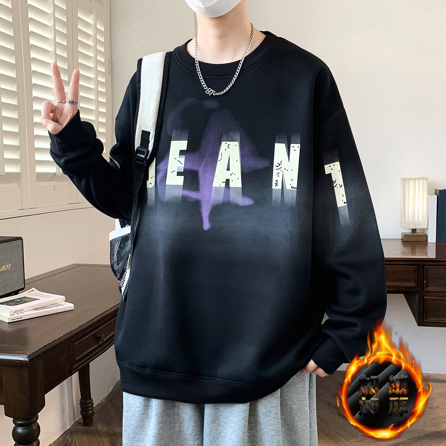 秋冬季青少年加绒加厚卫衣男孩初中学生长袖t恤大童打底衫上衣服