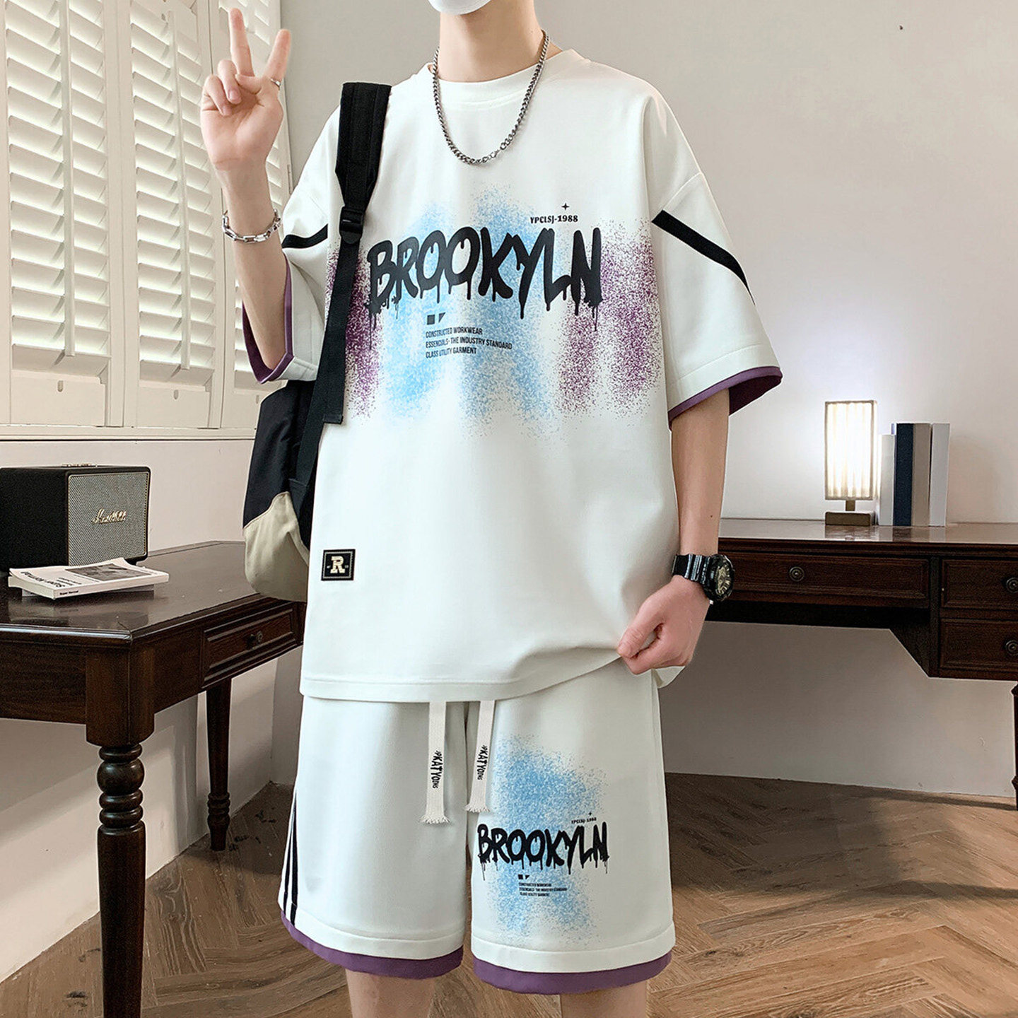 夏季短袖短裤套装男孩高初中学生休闲运动衣服青少年大童冰丝t恤