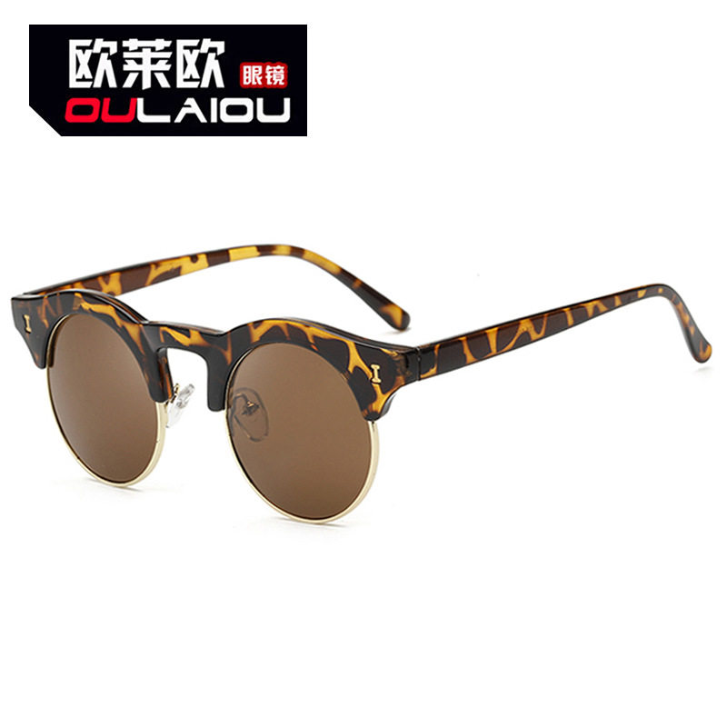 新款圆形眉毛半金属豹纹太阳镜欧美复古潮流大框牌墨镜男女士眼镜
