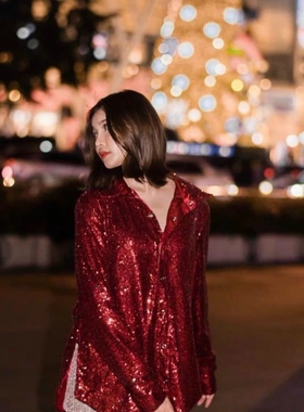 泰国潮牌 everyweek outfit 红色亮片衬衣