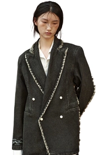 泰国潮牌 matter makers 深灰色复古做旧磨毛牛仔西装外套