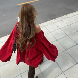 棉麻休闲宽松衬衫 泰国潮牌 长袖 一字肩泡泡袖 mermaidstudio