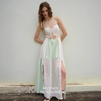泰国潮牌my only sunshine绿色碎花吊带连衣裙