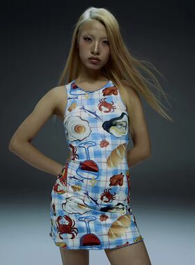 黑色dog蓝格吊带连衣裙虞书欣款