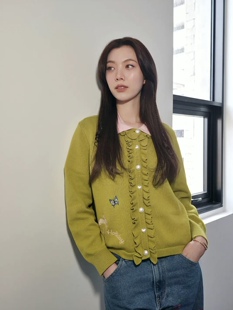 泰国潮牌 endless holiday嫩绿色荷叶边针织开衫