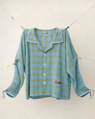 泰国潮牌 pickle projects 长袖蓝色格子衬衫