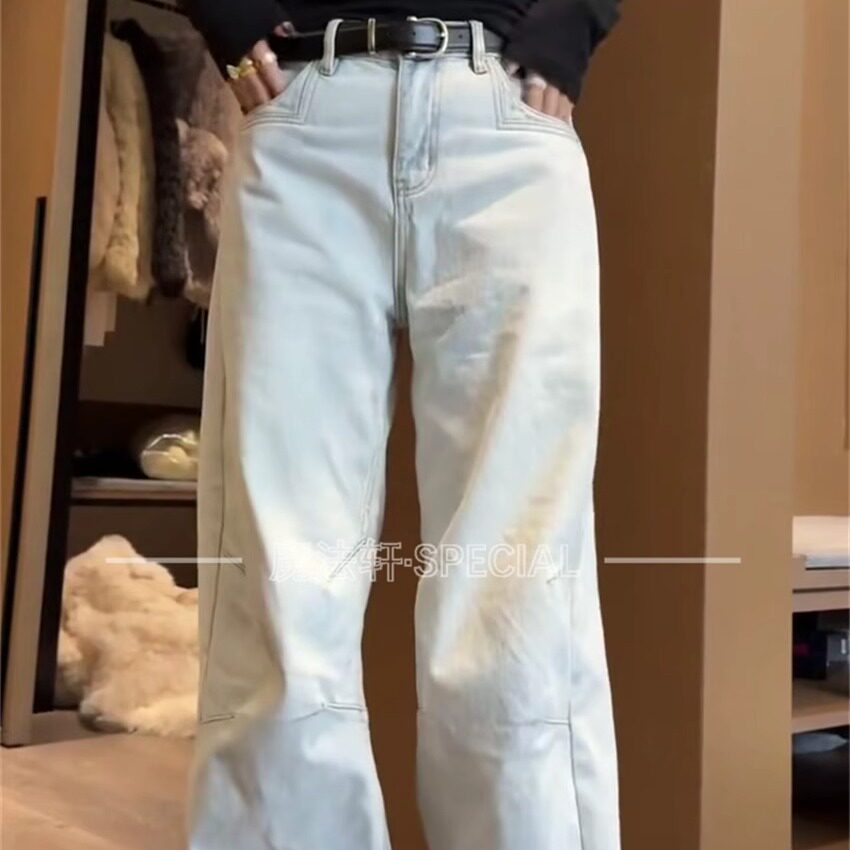 加绒高腰阔腿女牛仔裤冬季新款