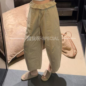 夏新款高腰荷叶腰阔腿八分裤女