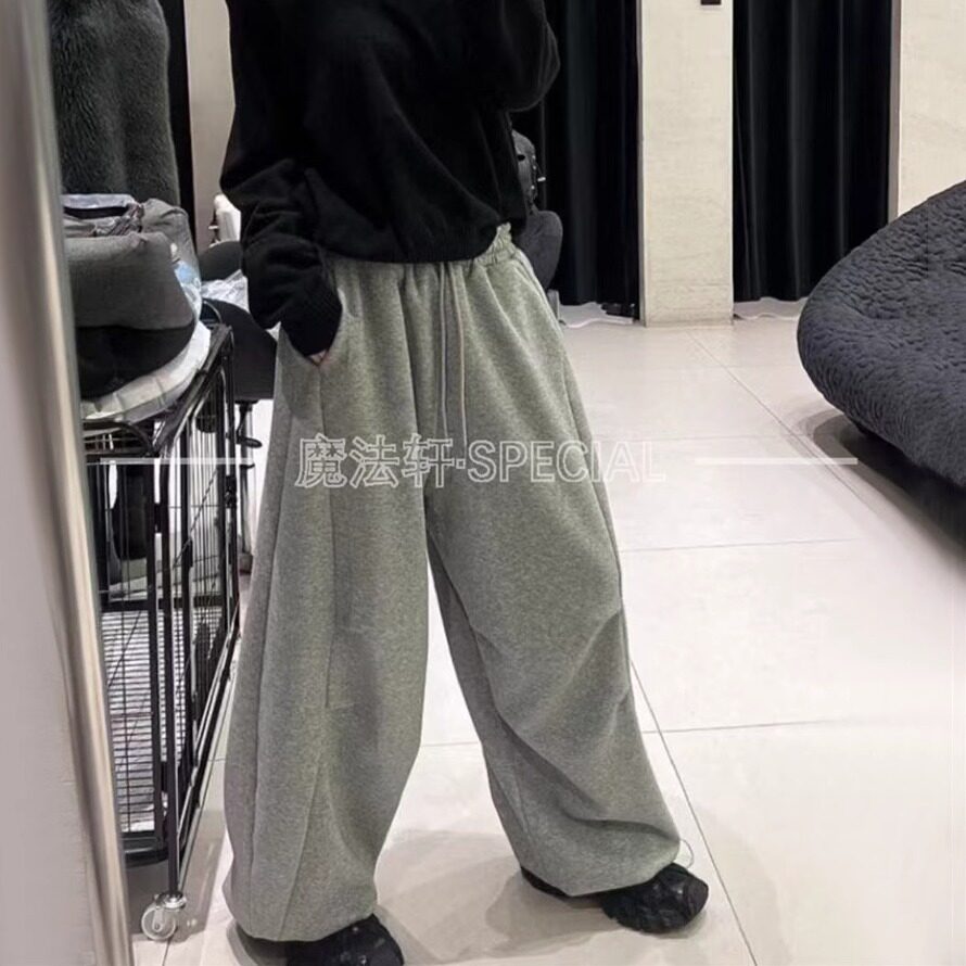 灰色秋冬高腰宽松阔腿收脚卫裤女