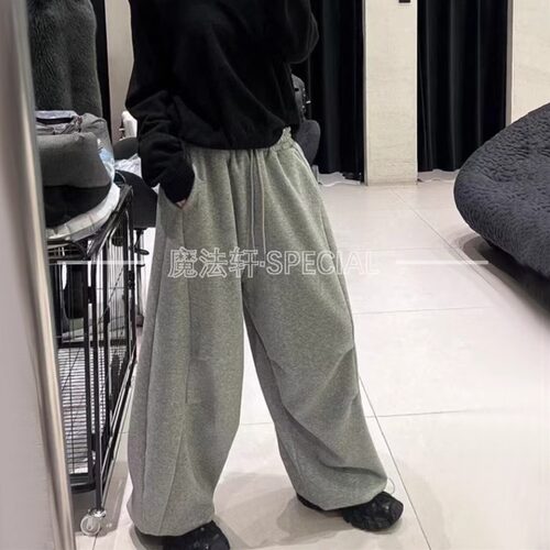 灰色秋冬高腰宽松阔腿收脚卫裤女