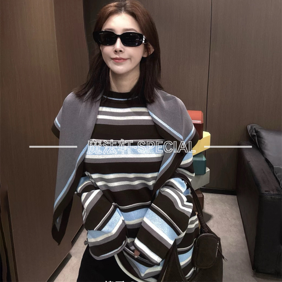 可拆披肩长袖条纹T恤女2025