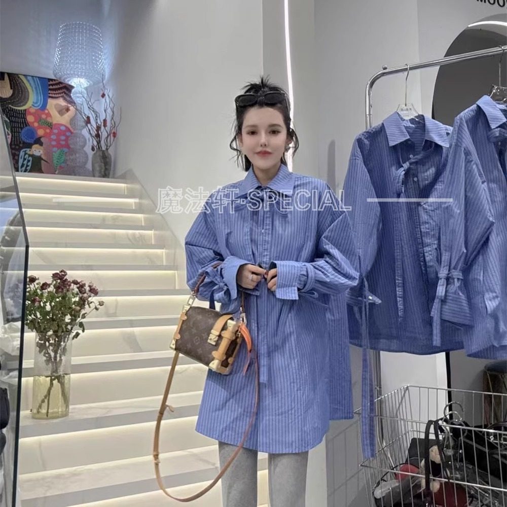 条纹衬衫女长袖翻领蝴蝶结中长款