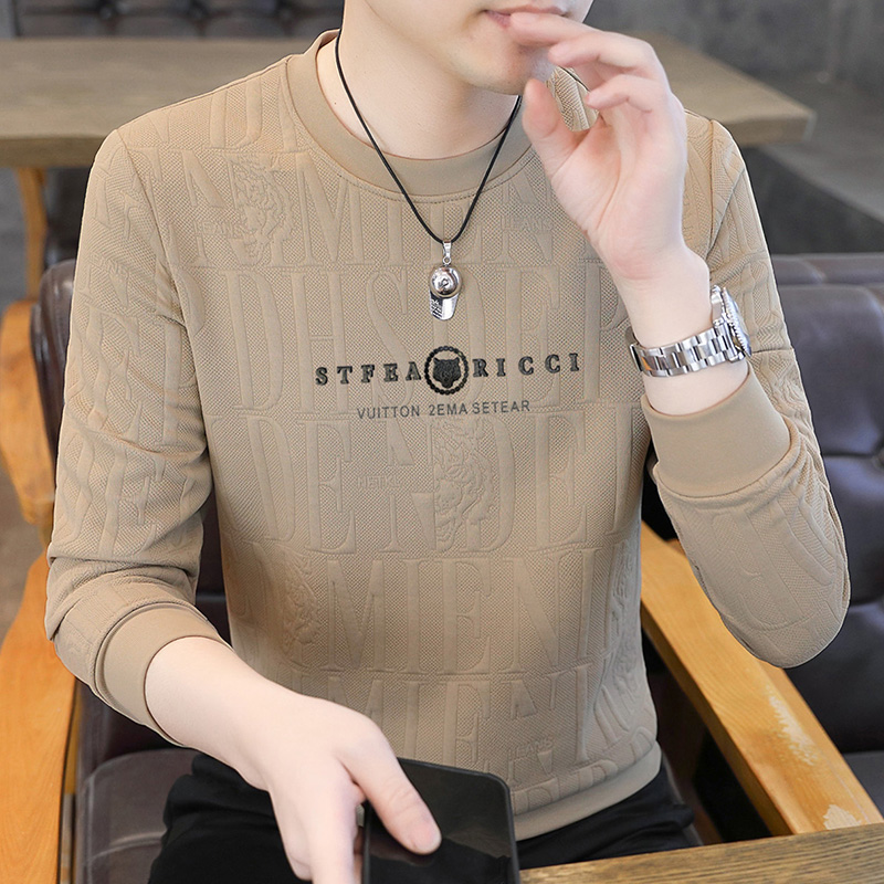 高端时尚圆领长袖T恤男秋冬新款时尚字母提花卫衣休闲马甲打底衫
