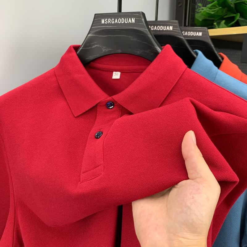 轻奢纯棉POLO衫男春秋款时尚高级感长袖爸爸装红色本命年翻领T恤