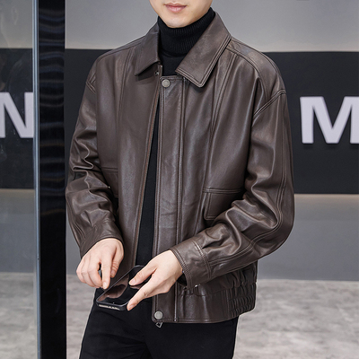 高端绵羊皮皮衣男秋季新款时尚翻领真皮夹克覆古纯色休闲短款外套
