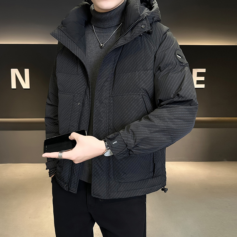 高端潮牌连帽轻薄工装羽绒服男士冬季时尚条纹加厚保暖痞帅羽绒衣