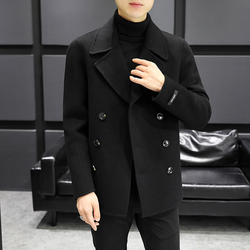 短款纯羊毛大衣男秋冬季轻奢修身双排扣双面呢时尚男士毛呢外套潮