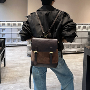 复古时尚磨砂真皮双肩背包女2025新款高级感小众通勤撞色旅行包包