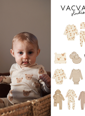 VACVAC AW25新款小熊牛角包印花婴儿童包屁衣连体衣哈衣爬服帽子