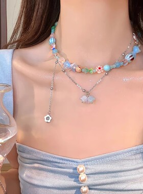 多巴胺彩色花朵项链甜酷锁骨链潮