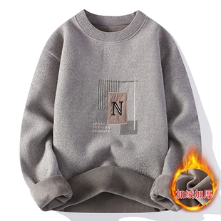 2025秋冬季长袖毛衣男士宽松圆领加绒加厚保暖刺绣打底衫针织衫男