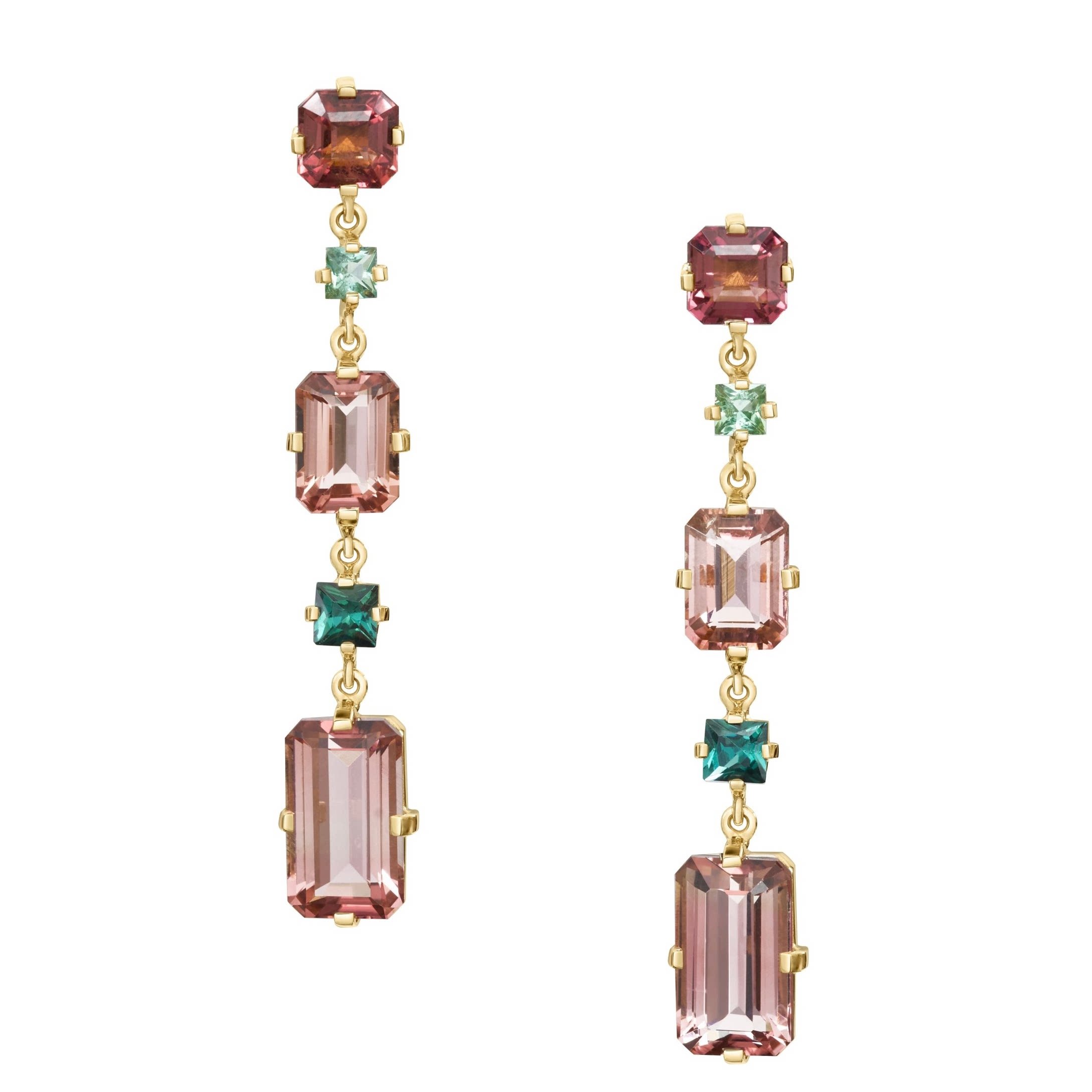 YI COLLECTION 18K 粉色碧玺与蓝绿碧玺流苏条形耳环耳链