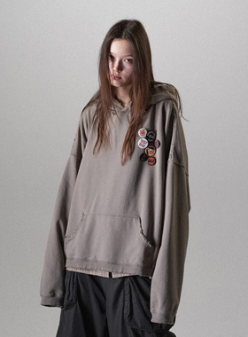 HUNTINGOLD重水洗褪做旧虫洞破坏廓形连帽卫衣街头美式复古1533