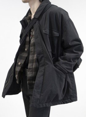 HUNTINGOLD宽松休闲日系vintage复古中长款风衣纯黑加厚棉服1533