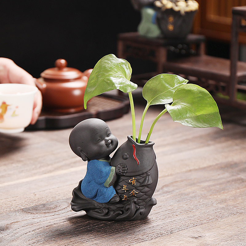 可爱小和尚花器创意茶宠摆件精品可养紫砂茶台茶具配件水培小花瓶