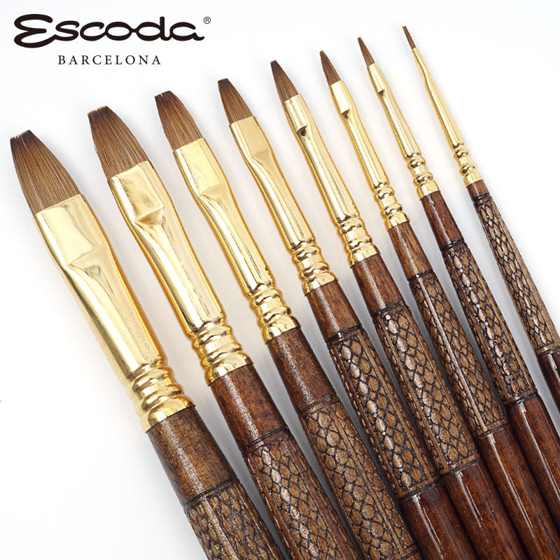 西班牙制造 Escoda笔皇Grafilo 科斯基貂毛平头雄貂尾毛长杆水彩画笔古典水彩画笔雕花硬木笔杆 2920水粉