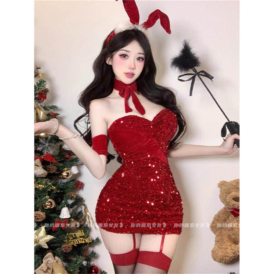 猫咪：亮片红色圣诞礼服Cos兔女郎性感管状上衣纯欲望礼服流行直