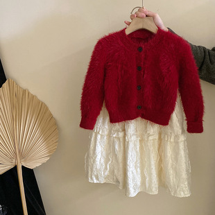 女童仿水貂绒红色毛衣开衫2024秋冬新款蕾丝丝绒加绒半身裙套装潮