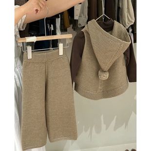 韩国童装儿童秋冬新款纯色连帽马甲毛衣两件套女童阔腿裤针织套装