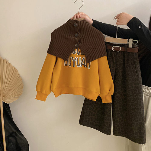 韩版女童秋冬2025新款针织披肩字母加绒休闲卫衣加绒百搭洋气上衣