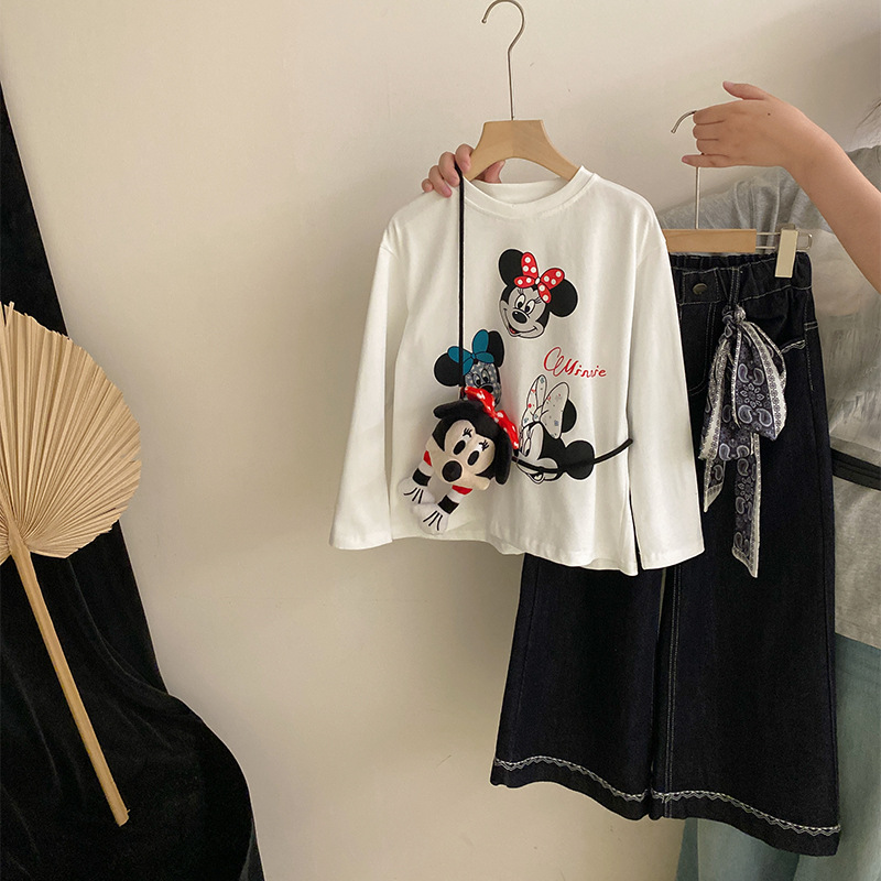 韩版女童秋季新款洋气卡通印花上衣2025宽松飘带休闲牛仔裤两件套