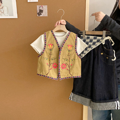 【安安家】女童韩版短袖T恤春夏儿童马甲宽松屁帘裤套装R26140