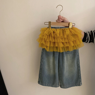 女童冬季新款潮流百搭洋气时尚网纱短裙加绒牛仔裤中小童洋气裤子