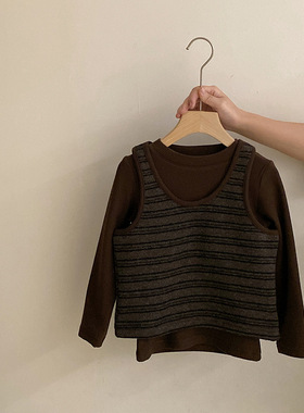 【安安家】女童韩版秋冬新款薄绒打底衫条纹背心大童上衣Z-KXE30